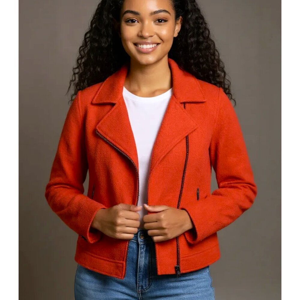 TAHARI Tomato Red Boiled Wool Moto Asymmetrical Zip Jacket Size Small